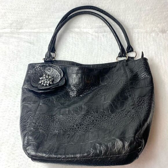 Del Mano 3D Flower Silver Beads Cluster CROC Tote Handbag - Picture 1 of 6